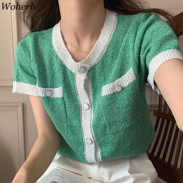 women's knits & tees woherb fashion short sleeve contrast color cardigan sweater women single breasted summer knitted 2021 korean knitw, White
women's knits & tees woherb fashion short sleeve contrast color cardigan sweater women single breasted summer knitted 2021 korean knitw, White