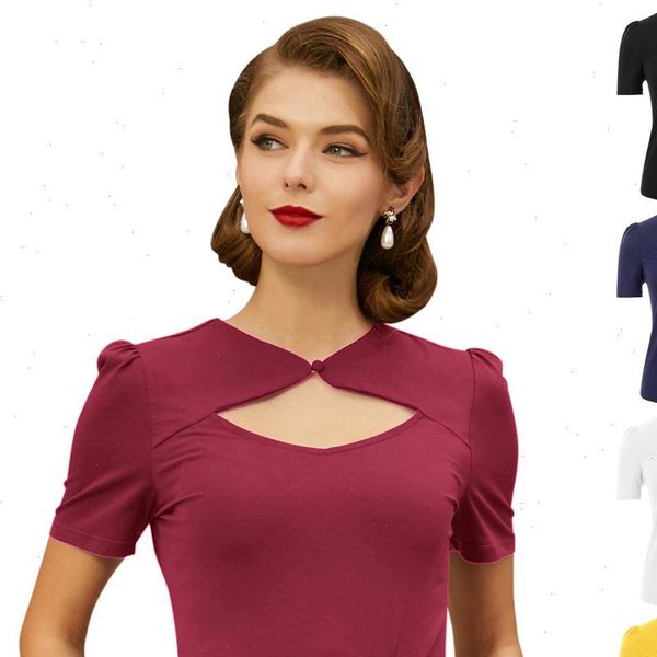 belle poque vintage shirts women summer retro short sleeve hollowed front and blouse clothes solid color party, White
belle poque vintage shirts women summer retro short sleeve hollowed front and blouse clothes solid color party, White