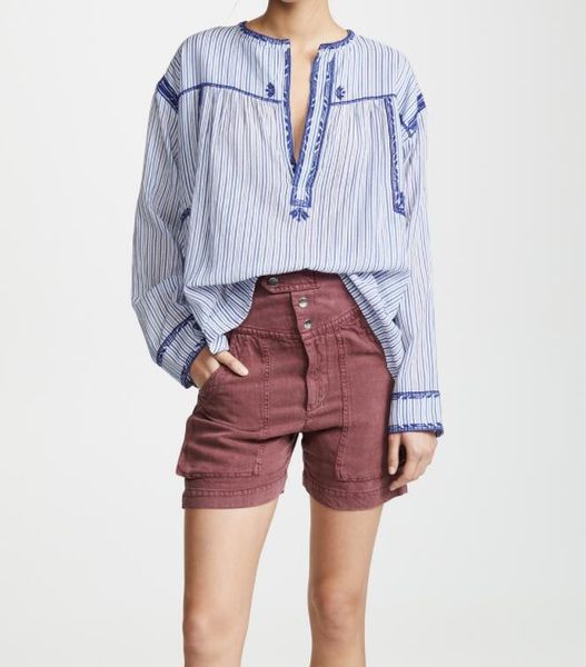 women's blouses & shirts striped cotton blouse with embroidered v-neck long sleeves fashion woman 2021ss, White
women's blouses & shirts striped cotton blouse with embroidered v-neck long sleeves fashion woman 2021ss, White