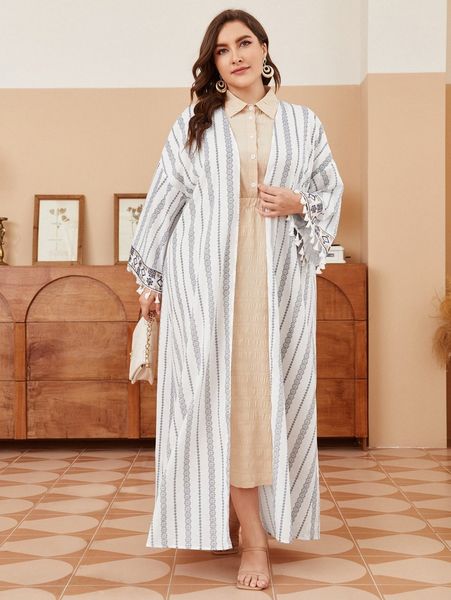 plus floral striped contrast embroidery tape fringe trim kimono 98e3#, Black