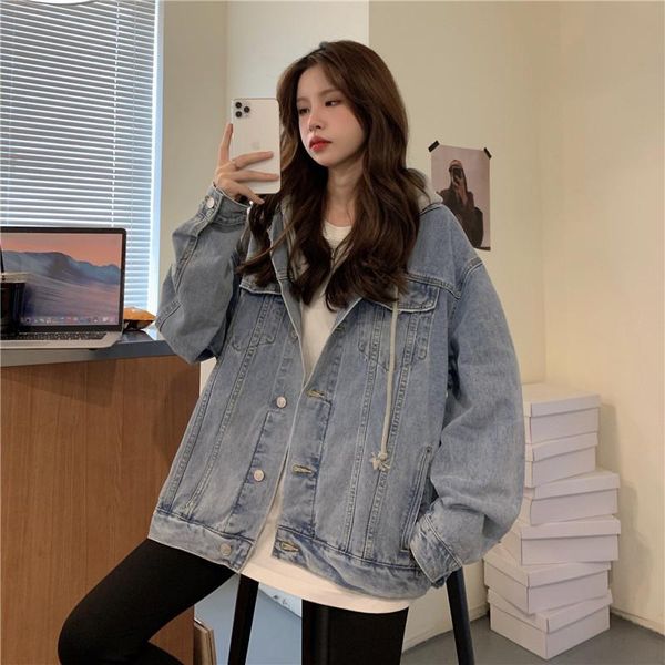 women's jackets 2021 loose spring and autumn all-match solid color single-breasted denim clothes hooded jacket women, Black;brown
women's jackets 2021 loose spring and autumn all-match solid color single-breasted denim clothes hooded jacket women, Black;brown