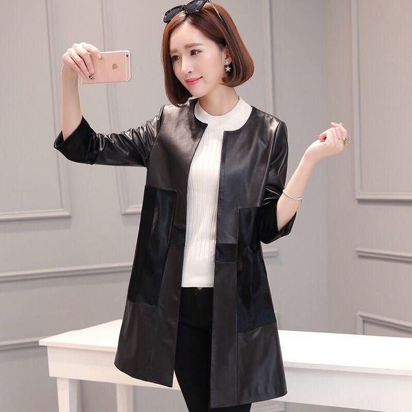 leather medium and long windbreaker fashion round neck coat women's autumn winter loose with fetal cow hair, Black
leather medium and long windbreaker fashion round neck coat women's autumn winter loose with fetal cow hair, Black