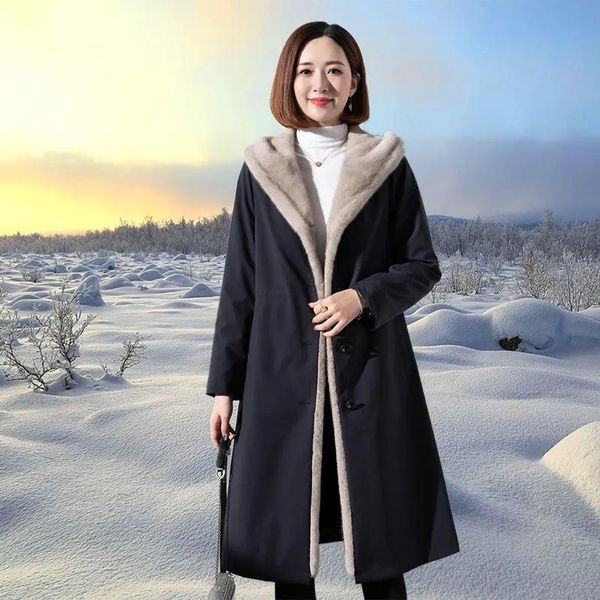women's fur & faux winter hoody parka long thick warm coat buttons imitation mink liner women 548, Black
women's fur & faux winter hoody parka long thick warm coat buttons imitation mink liner women 548, Black