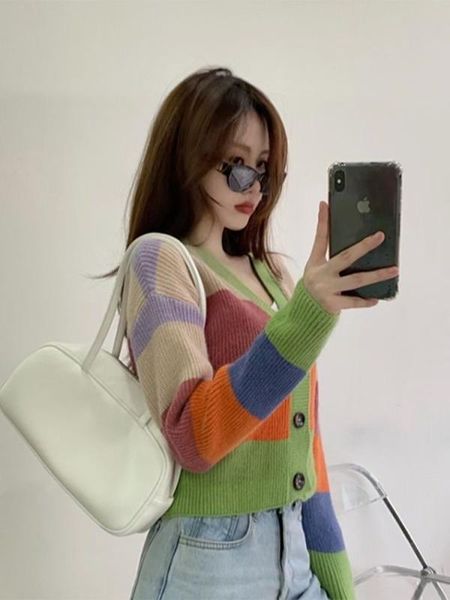 women's knits & tees cmazouter wear v-neck color-block sweater short cardigan coat needle, White
women's knits & tees cmazouter wear v-neck color-block sweater short cardigan coat needle, White