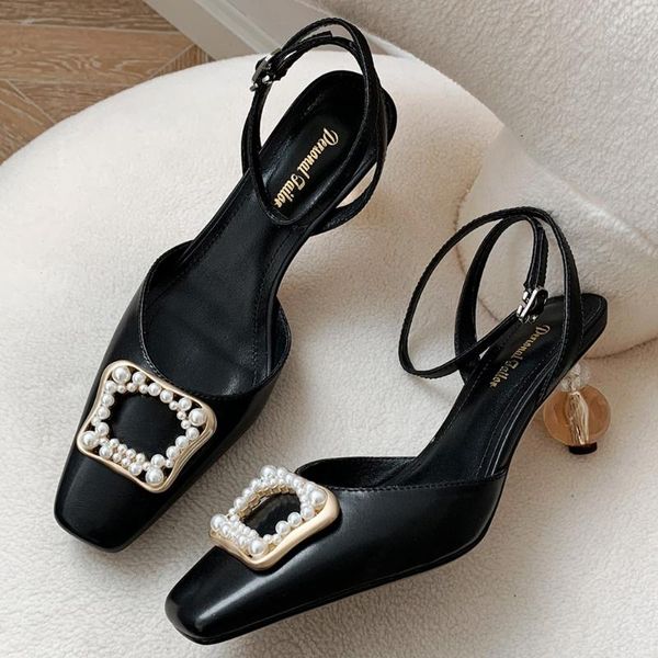 women's genuine leather ankle strap high heel sandals beading metal buckle square toe elegant ladies summer wedding dress shoes, Black
women's genuine leather ankle strap high heel sandals beading metal buckle square toe elegant ladies summer wedding dress shoes, Black