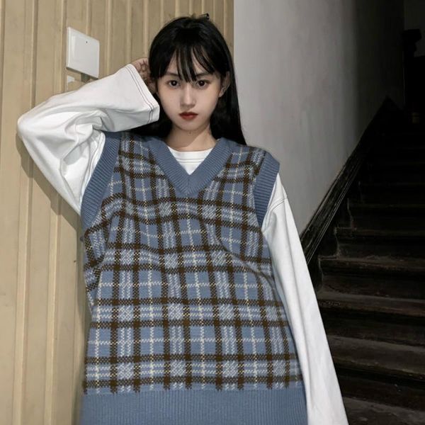 women's sweaters plaid vintage harajuku stylish street-wear v-neck sleeveless students korean-style loose casual fashion chic vest wome, White;black
women's sweaters plaid vintage harajuku stylish street-wear v-neck sleeveless students korean-style loose casual fashion chic vest wome, White;black