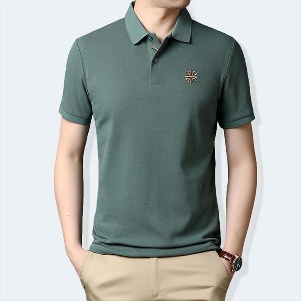 short sleeve men polo shirts male embroidery shirt middle aged mesh beads lapel loose clothing, White;black