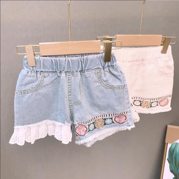 shorts children embroidery denim summer elastic waist lace patchwork loose pants girls white and blue ws1540, Black