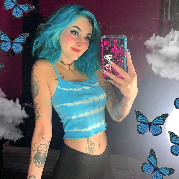 women's tanks & camis women thin straps camisole tie-dye blue flounce hem slim fit short exposed navel crop tank street, White
women's tanks & camis women thin straps camisole tie-dye blue flounce hem slim fit short exposed navel crop tank street, White