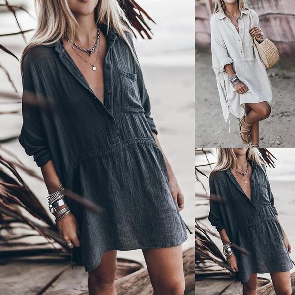 casual solid color womens dress long sleeve pocket buttons loose clothing vestidos, Black;gray
casual solid color womens dress long sleeve pocket buttons loose clothing vestidos, Black;gray