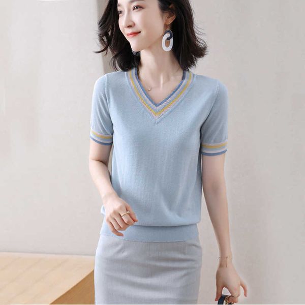 short sleeve thin base shirt 2021 summer new v-neck t-shirt women's bright silk pullover knitted top, White
short sleeve thin base shirt 2021 summer new v-neck t-shirt women's bright silk pullover knitted top, White