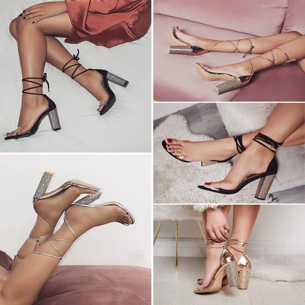women high heels sandals summer square heels crystal heeled platform shoes ladies party wedding lace up shoes, Black
women high heels sandals summer square heels crystal heeled platform shoes ladies party wedding lace up shoes, Black