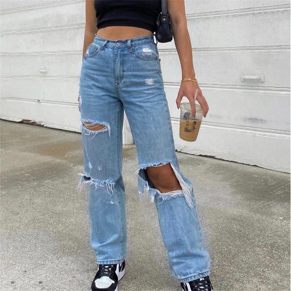 women casual ripped jeans adults solid color hole straight-leg ankle-length denim pants with pocket, Blue
women casual ripped jeans adults solid color hole straight-leg ankle-length denim pants with pocket, Blue