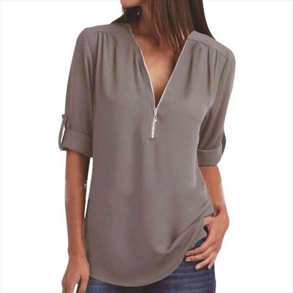 summer elegant v neck women shirts roll up long sleeve zipper tunic chiffon casual loose blue shirt female s, White
summer elegant v neck women shirts roll up long sleeve zipper tunic chiffon casual loose blue shirt female s, White
