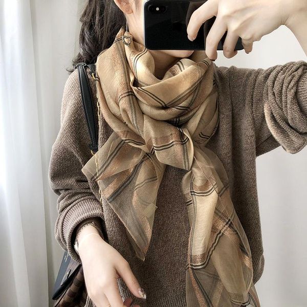 scarves silk wool blend scarf for women designer shawl wrap gold thread plaid neck bandana female soft foulard, Blue;gray
scarves silk wool blend scarf for women designer shawl wrap gold thread plaid neck bandana female soft foulard, Blue;gray