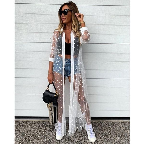 women's swimwear woman's polka dot beach smock lapel long sleeve mesh perspective cover up for daily life and vacation, White;black
women's swimwear woman's polka dot beach smock lapel long sleeve mesh perspective cover up for daily life and vacation, White;black