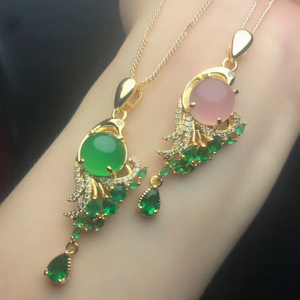 ethnic gold color 925 sterling silver chain choker necklaces natural jade emerald peacock pendants necklaces charm women jewelry q0531
ethnic gold color 925 sterling silver chain choker necklaces natural jade emerald peacock pendants necklaces charm women jewelry q0531