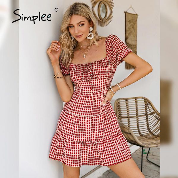 casual dresses simplee square collar red grid short dress retro bubble sleeves french style elegant lace up causal spring woman, Black;gray
casual dresses simplee square collar red grid short dress retro bubble sleeves french style elegant lace up causal spring woman, Black;gray