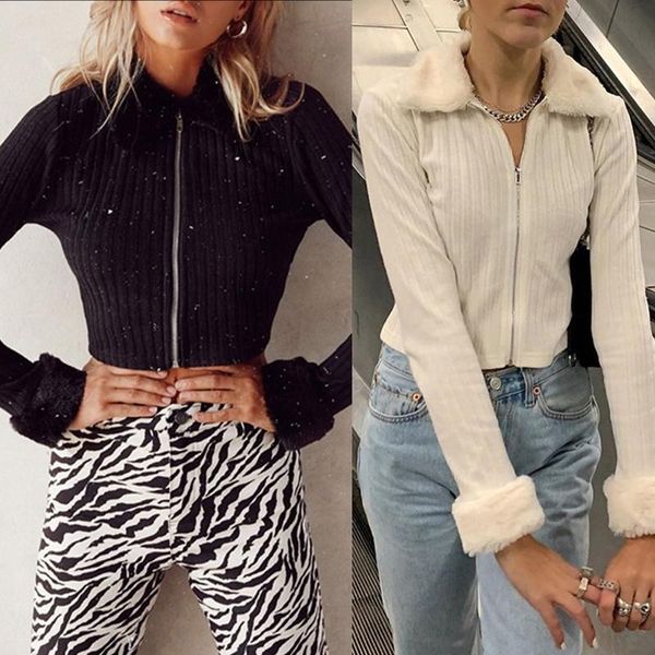 women plush patchwork long sleeve jacket zip up lapel collar sweater coat solid color slim fit ribbed knitwear crop top, Black;brown
women plush patchwork long sleeve jacket zip up lapel collar sweater coat solid color slim fit ribbed knitwear crop top, Black;brown
