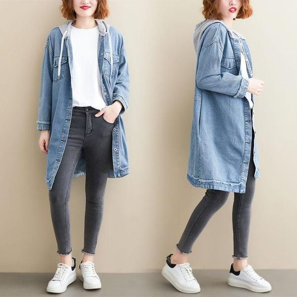 hooded women's denim jacket spring and autumn new leisure plus size loose long single breasted windbreaker jeans jaqueta f2898, Tan;black 
hooded women's denim jacket spring and autumn new leisure plus size loose long single breasted windbreaker jeans jaqueta f2898, Tan;black