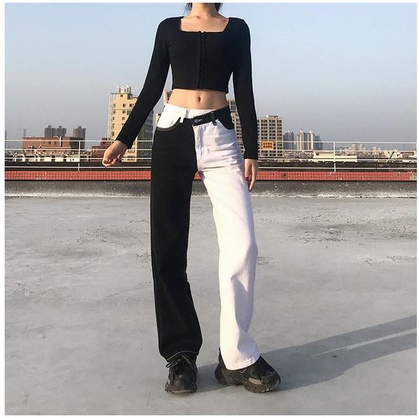 women's jeans patchwork black white cotton women casual harajuku denim pants capris hip hop fashion trousers streetwear 2021, Blue
women's jeans patchwork black white cotton women casual harajuku denim pants capris hip hop fashion trousers streetwear 2021, Blue