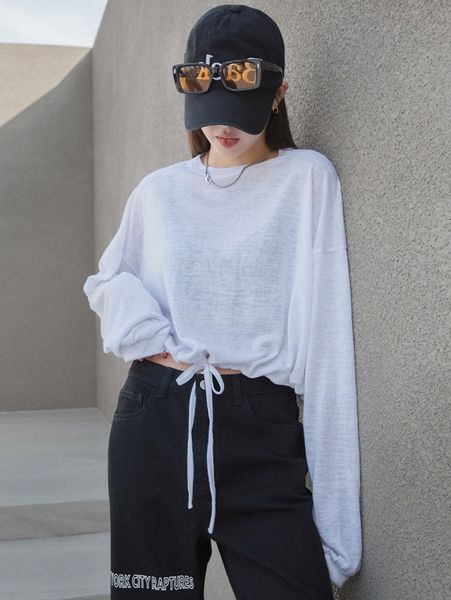dazy drop shoulder drawstring hem crop pullover without bra r9wb#, White;black
dazy drop shoulder drawstring hem crop pullover without bra r9wb#, White;black