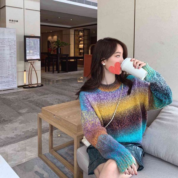 gradient rainbow color matching stripe sweater women's fashion foreign lazy style loose aging knitted cardigan, White
gradient rainbow color matching stripe sweater women's fashion foreign lazy style loose aging knitted cardigan, White