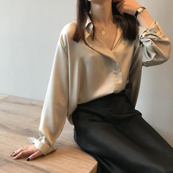 women's blouses & shirts elegant women shirt v-neck solid color loose korean style long sleeve blouse champagne, White
women's blouses & shirts elegant women shirt v-neck solid color loose korean style long sleeve blouse champagne, White