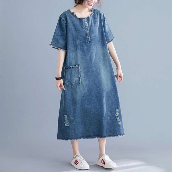 hip hop skirt 2021 summer new korean pullover a-line large women's short sleeve casual denim dress medium length k, Blue 
hip hop skirt 2021 summer new korean pullover a-line large women's short sleeve casual denim dress medium length k, Blue