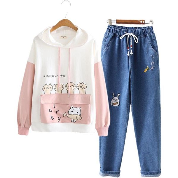 women's two piece pants sets cartoon print hooded sweet cute cat sweatshirts and embroidery ankle length denim set, White
women's two piece pants sets cartoon print hooded sweet cute cat sweatshirts and embroidery ankle length denim set, White