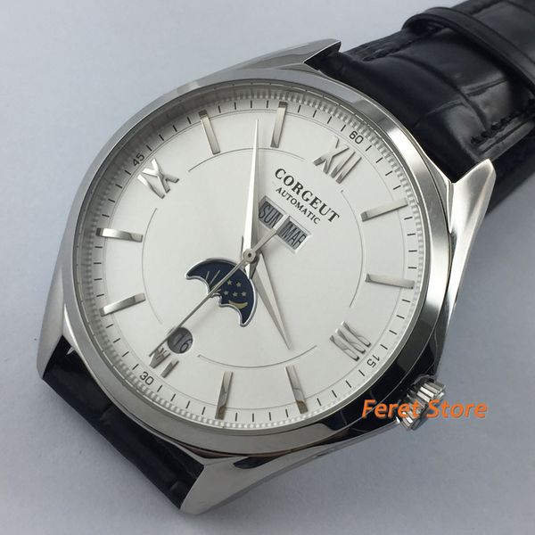 new corgeut 41mm moon phase white dial stainless steel case leather automatic mechanical watch, Slivery;brown
new corgeut 41mm moon phase white dial stainless steel case leather automatic mechanical watch, Slivery;brown