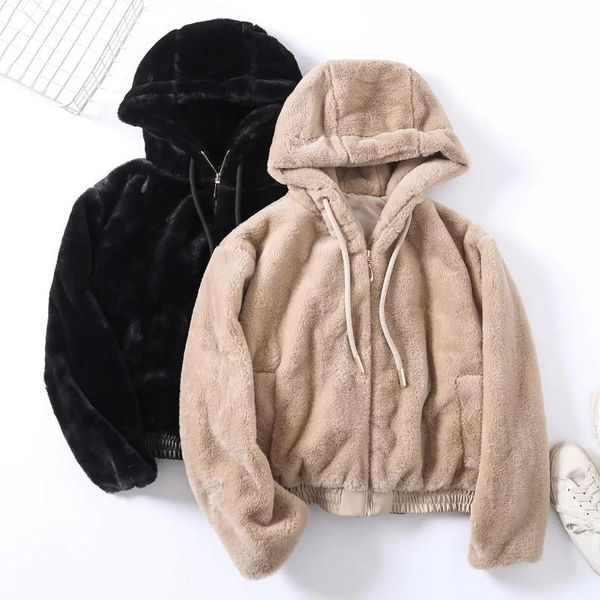 women's fur & faux krsb spring and autumn two-color fake fabric with hood pocket zipper design loose warm cute casual street style, Black
women's fur & faux krsb spring and autumn two-color fake fabric with hood pocket zipper design loose warm cute casual street style, Black