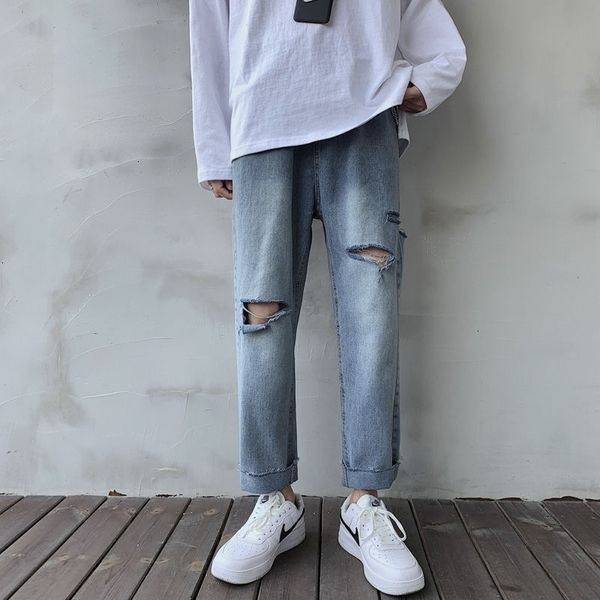 2021 new korean style ripped straight men's fashion retro casual hole jeans men streetwear loose hip-hop denim trousers mens s-3xl mj5y, Blue
2021 new korean style ripped straight men's fashion retro casual hole jeans men streetwear loose hip-hop denim trousers mens s-3xl mj5y, Blue