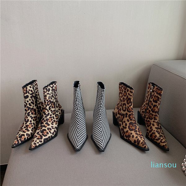 boots pointed toe thick heel leopard ankle for women brand design houndstooth tweed sock shoes, Black
boots pointed toe thick heel leopard ankle for women brand design houndstooth tweed sock shoes, Black