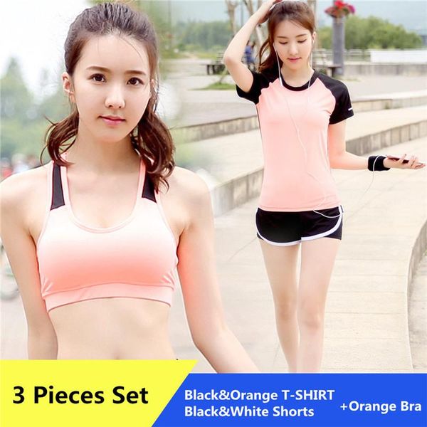 women yoga 3 pieces set patchwork black/orange bra+t-shirt+black/white shorts quick dry sportswear gym running outwear clothes, White;red
women yoga 3 pieces set patchwork black/orange bra+t-shirt+black/white shorts quick dry sportswear gym running outwear clothes, White;red