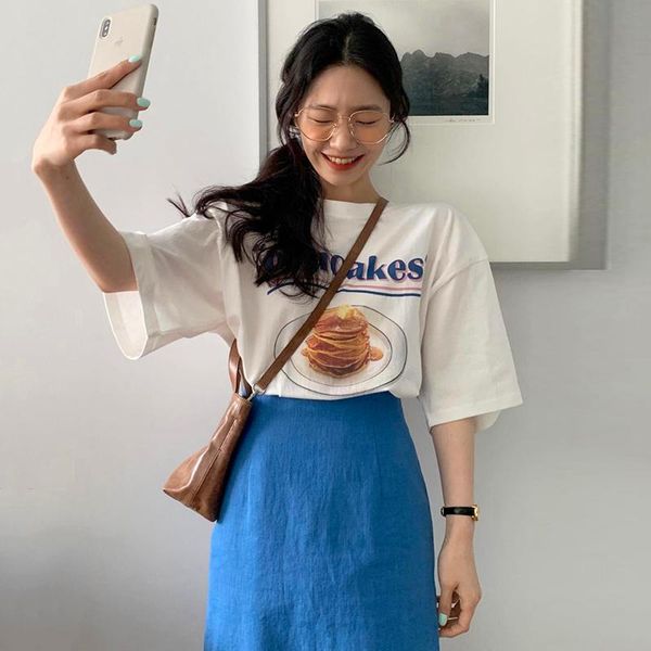 women's t-shirt korean chic summer round neck letter printing loose short sleeve high waist straight split skirt, White
women's t-shirt korean chic summer round neck letter printing loose short sleeve high waist straight split skirt, White