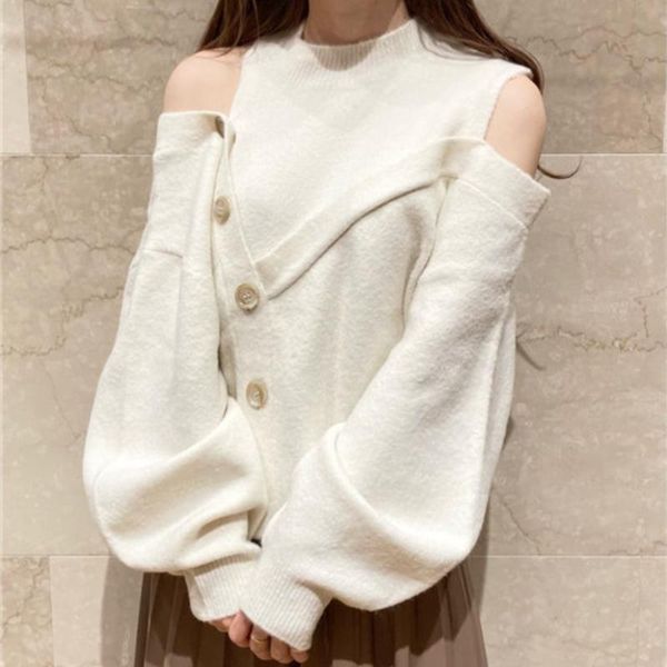 women's sweaters japanese elegant solid loose knitted pullovers chic design off-shoulder button up sweater fall winter 2021 all-match j, White;black
women's sweaters japanese elegant solid loose knitted pullovers chic design off-shoulder button up sweater fall winter 2021 all-match j, White;black
