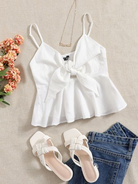 tie front shirred back cami r5un#, White
tie front shirred back cami r5un#, White