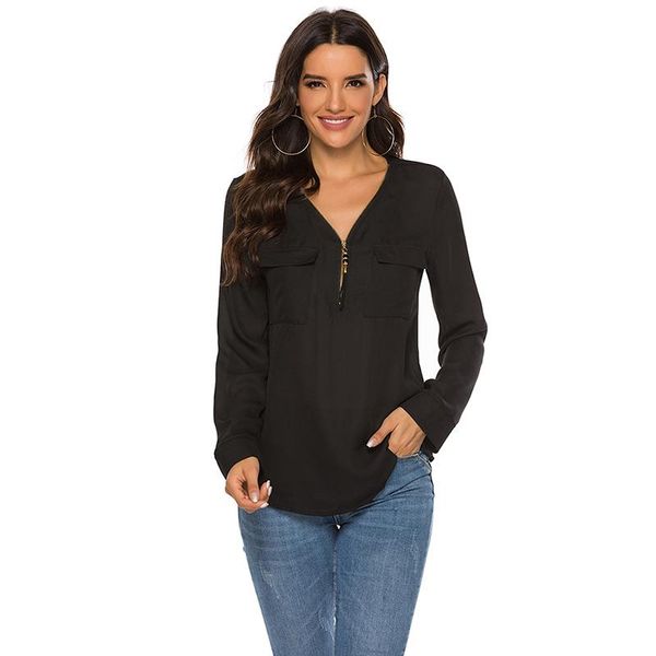women's blouses & shirts casual fashion elegant solid color long sleeve zipper v neck pocket blouse chiffon loose, White
women's blouses & shirts casual fashion elegant solid color long sleeve zipper v neck pocket blouse chiffon loose, White