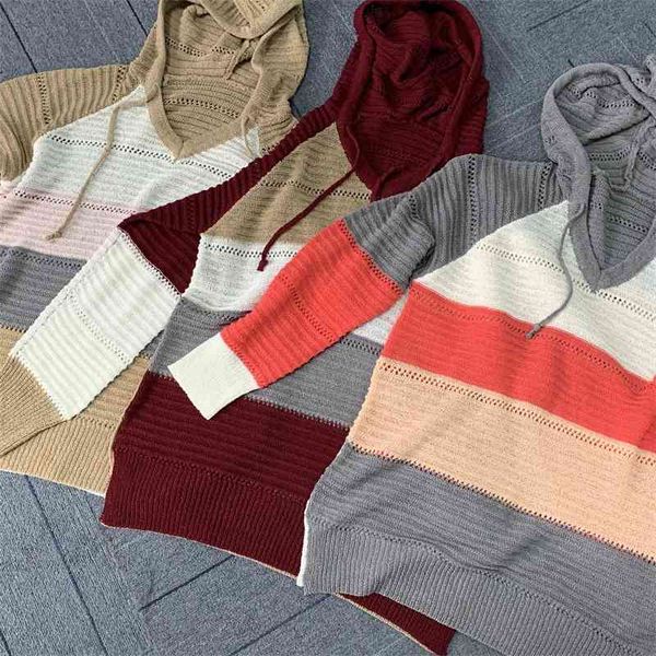 knitted hooded long sleeve loose fashion color stripe stitching women's drawstring knitted sweater, Black
knitted hooded long sleeve loose fashion color stripe stitching women's drawstring knitted sweater, Black