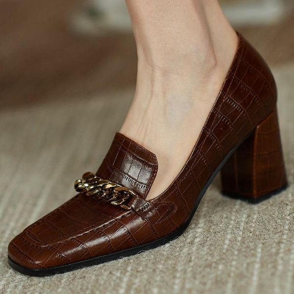 women's genuine leather thick high heel slip-on pumps stone pattern patent square toe chain decoration style high heels shoes, Black
women's genuine leather thick high heel slip-on pumps stone pattern patent square toe chain decoration style high heels shoes, Black