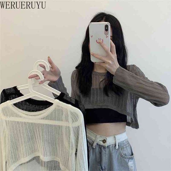 werueruyu women summer t shirts super short long sleeve see through solid korean style clothes 210722, White
werueruyu women summer t shirts super short long sleeve see through solid korean style clothes 210722, White