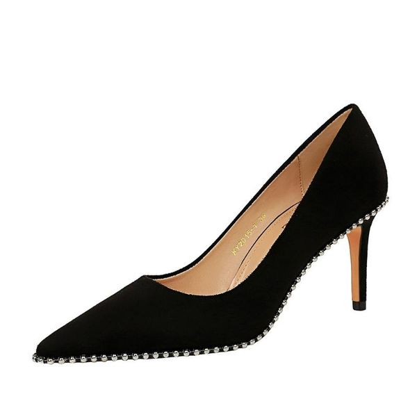 dress shoes women's thin heels high suede shallow mouth pointed metal beads night club single, Black
dress shoes women's thin heels high suede shallow mouth pointed metal beads night club single, Black