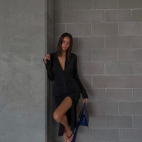 2021 Fall Breasted Long Sleeve Midi Dresses Turn-down Collar Ruched Split Dress Streetwear Cardigan Shirt Dresses, Black
2021 Fall Breasted Long Sleeve Midi Dresses Turn-down Collar Ruched Split Dress Streetwear Cardigan Shirt Dresses, Black