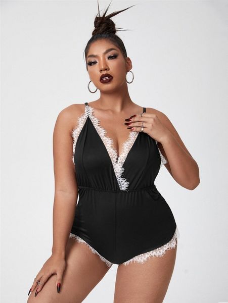 plus contrast lace teddy bodysuit j7cm#, Black;white 
plus contrast lace teddy bodysuit j7cm#, Black;white