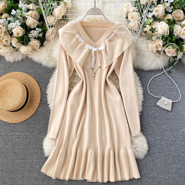 women french knitted dress autumn winter sweet ruffles v neck elastic a-line dress fashion warm streetwear midi dresses, White;black
women french knitted dress autumn winter sweet ruffles v neck elastic a-line dress fashion warm streetwear midi dresses, White;black