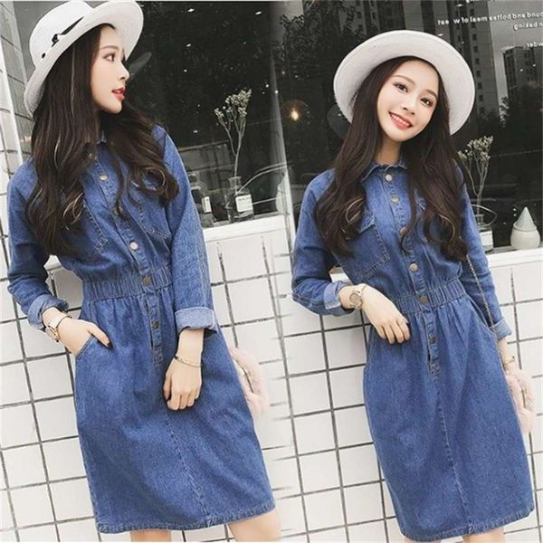 2021korean version with waist closed and thin middle length single breasted buttock skirt long sleeve lapel denim dress, Blue
2021korean version with waist closed and thin middle length single breasted buttock skirt long sleeve lapel denim dress, Blue
