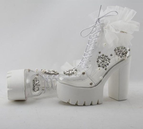 dress shoes 2021 spring transparent pvc booties crystal pearl flower heels thick boots woman lace platform lace-up, Black
dress shoes 2021 spring transparent pvc booties crystal pearl flower heels thick boots woman lace platform lace-up, Black