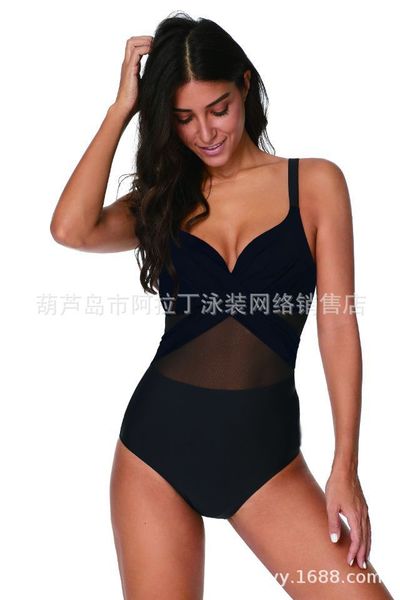 splicing 2021 bikini new mesh striped cross high waist women's one piece triangle swimsuit, White;black 
splicing 2021 bikini new mesh striped cross high waist women's one piece triangle swimsuit, White;black
