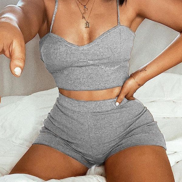 2021 sports tracksuit knit 2pcs set solid color two pieces set sling sleeveless camis summer crop +high waist shorts set, Gray
2021 sports tracksuit knit 2pcs set solid color two pieces set sling sleeveless camis summer crop +high waist shorts set, Gray